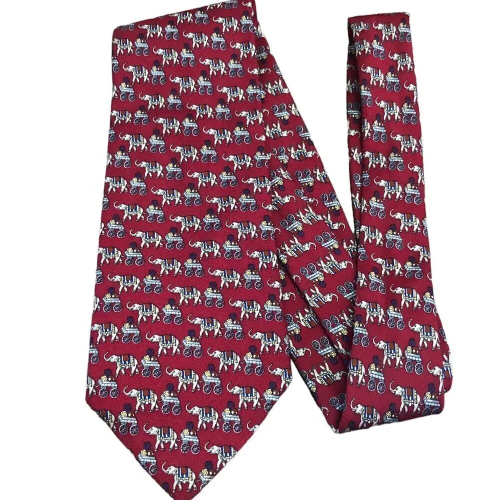 Brooks Elephant Print Necktie Trunk Up Pure Silk Made in USA EUC Circus Tie